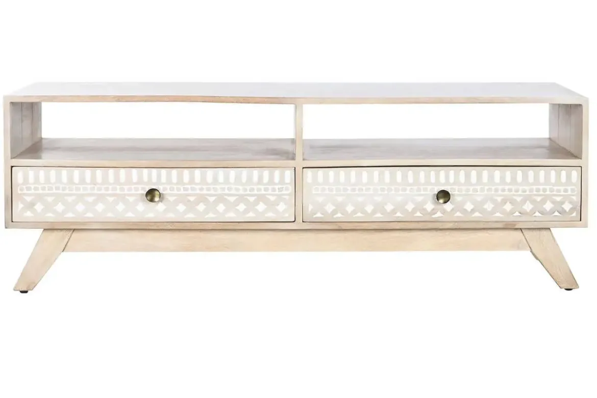 Mueble TV de Madera de Mango con Cenefa Blanca 130 cm MB-207571