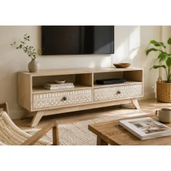 Mueble TV de Madera de Mango con Cenefa Blanca 130 cm MB-207571