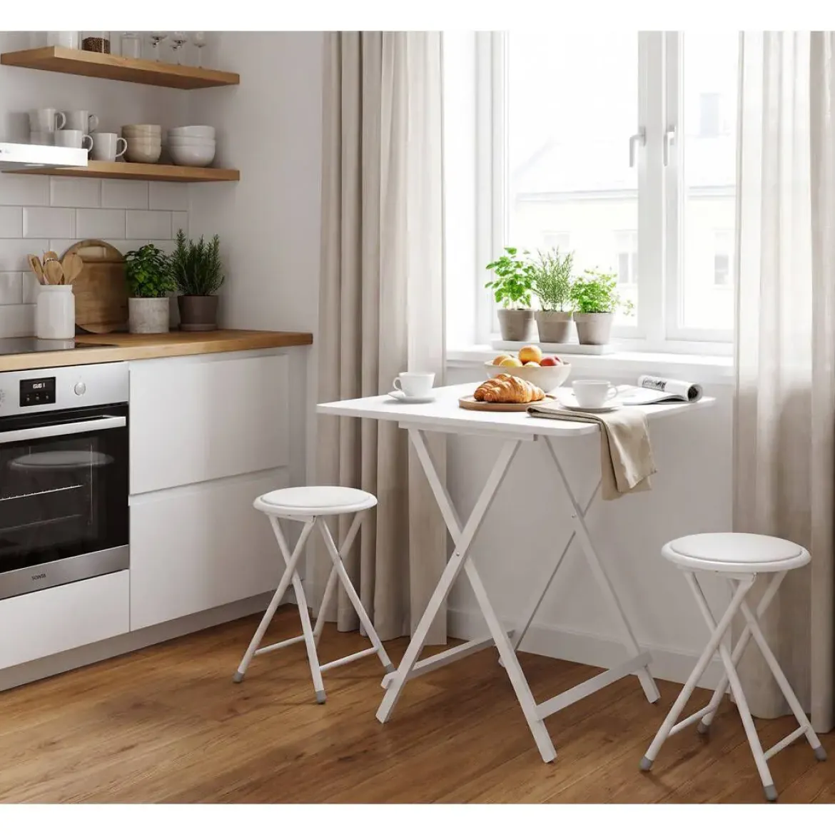 Pack de Cocina con Mesa Plegable Blanca y 2 Taburetes 311938