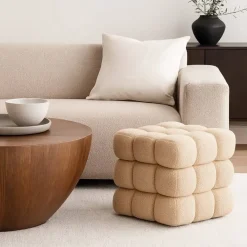 Puf Cuadrado Tapizado en Borreguito Beige HARNETT 42 cm 22640024
