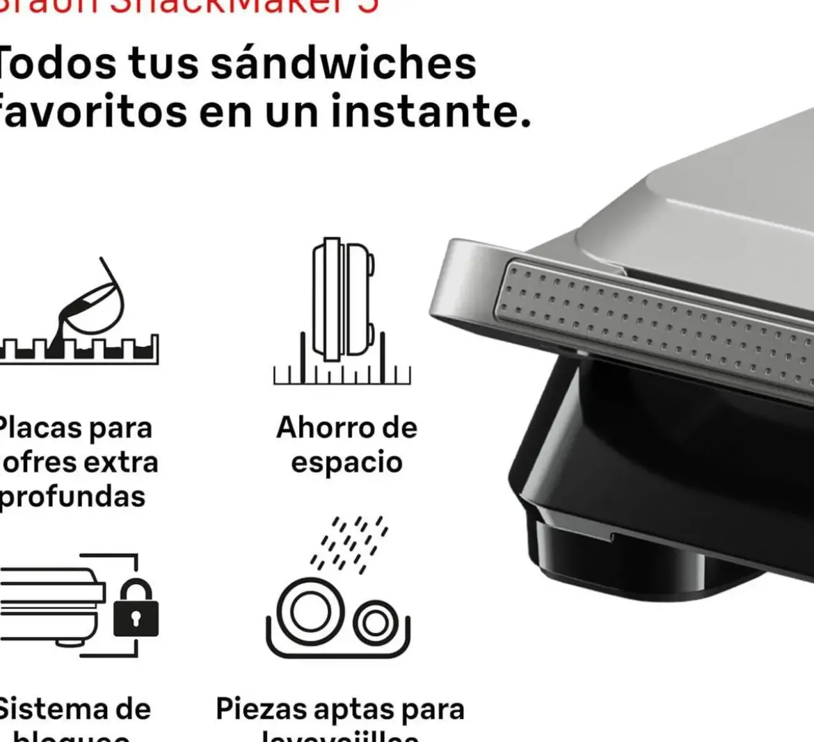 Sandwichera Grill y Gofrera 800W Placas Extraíbles BRAUN SM5006
