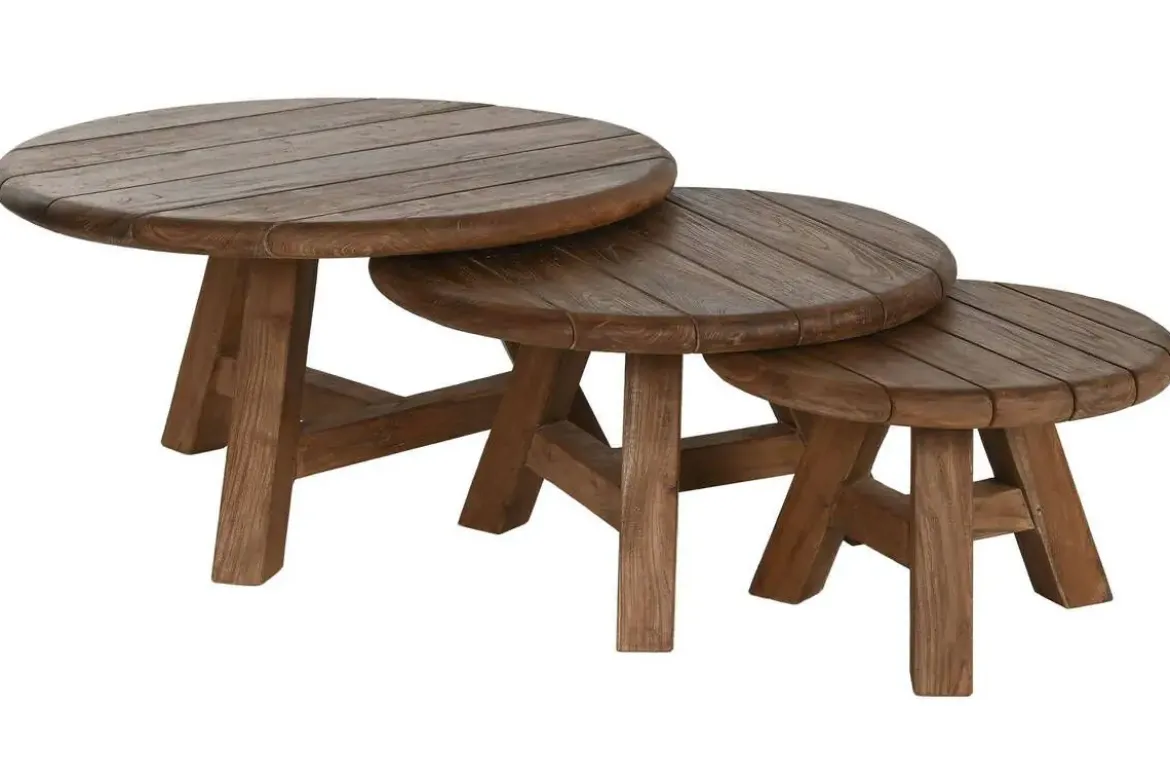 Set de 3 Mesas de Centro Redonda en Teca Reciclada MB-217308