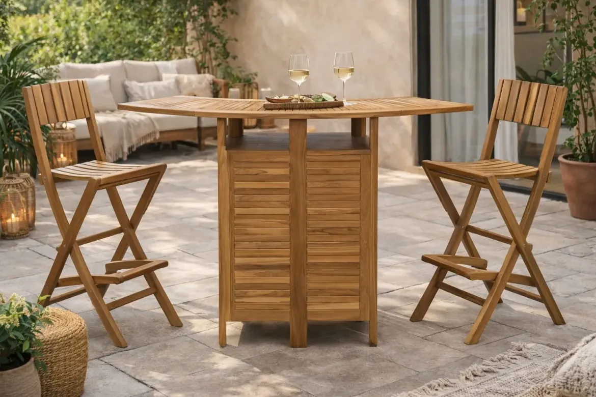 Set de Mueble Bar de Teca con Mesa Extensible y Taberetes MB-224647