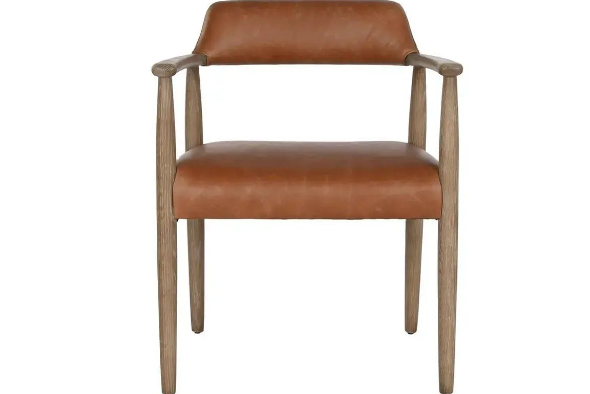 Silla con Brazos en Piel Marrón y Teca Decapé Blanco MB-221644