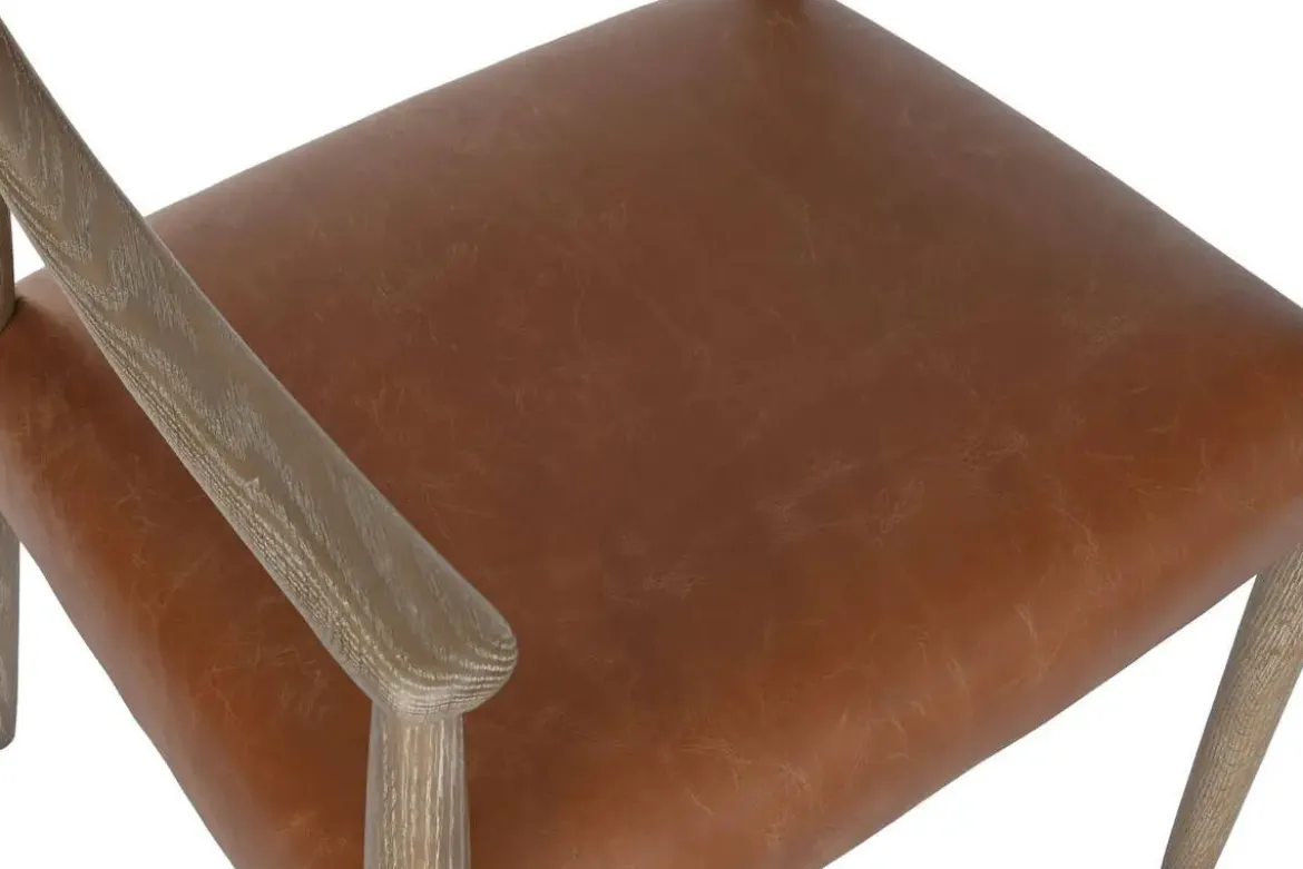 Silla con Brazos en Piel Marrón y Teca Decapé Blanco MB-221644