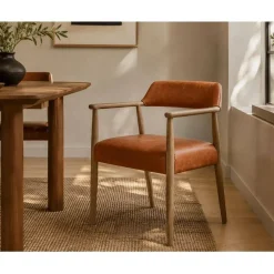 Silla con Brazos en Piel Marrón y Teca Decapé Blanco MB-221644