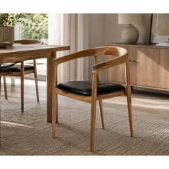 Silla de Comedor con Reposabrazos en Teca y Piel Negra MB-208001