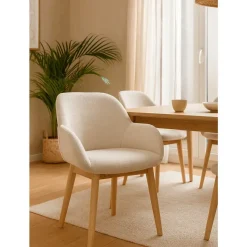 Silla de Comedor Tapizada en Tela Blanca con Reposabrazos MILCA
