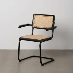 Silla de Madera y Ratán con Patas de Metal y Reposabrazos Color Negro 614518
