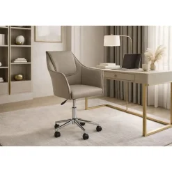 Silla de Oficina Beige con Asiento y Respaldo en PU y Ruedas Metálicas MB-222428