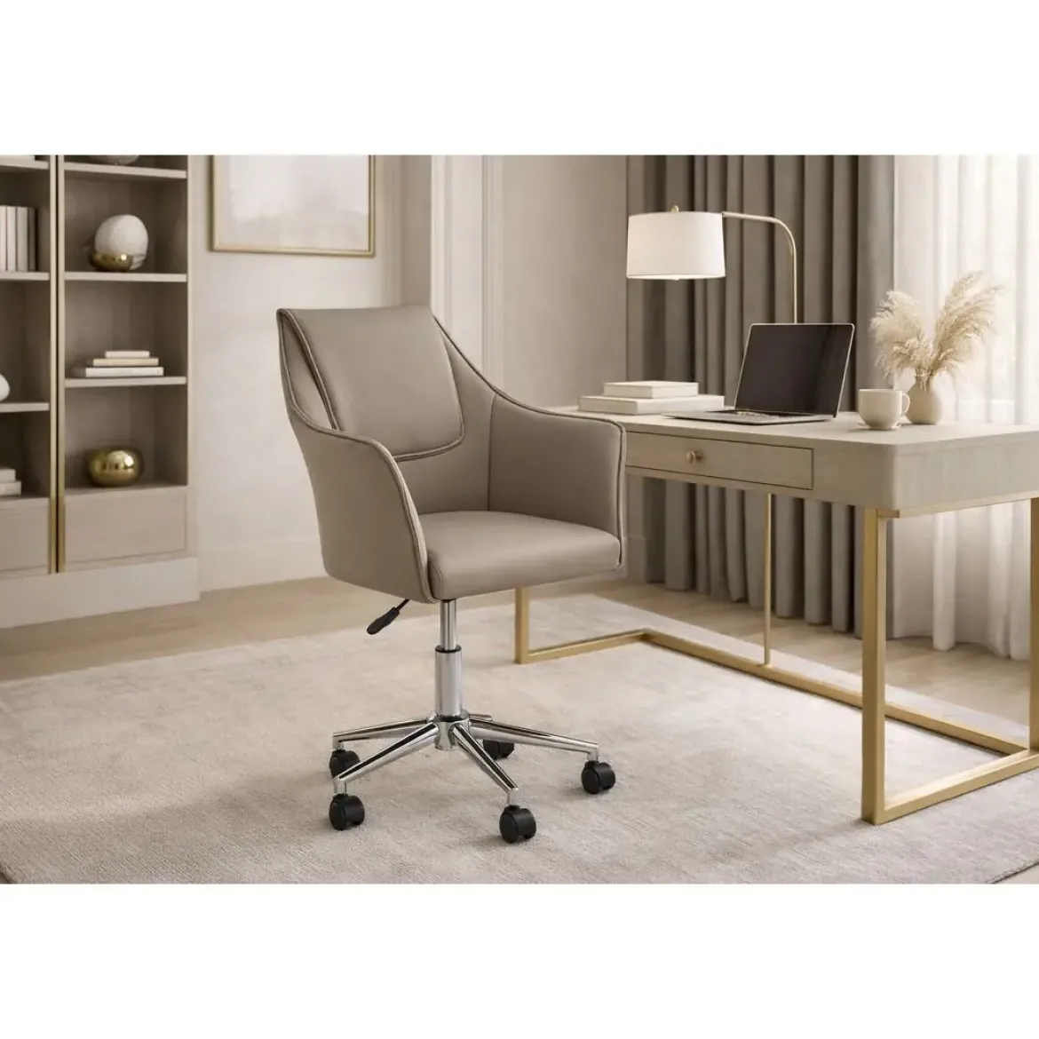 Silla de Oficina Beige con Asiento y Respaldo en PU y Ruedas Metálicas MB-222428
