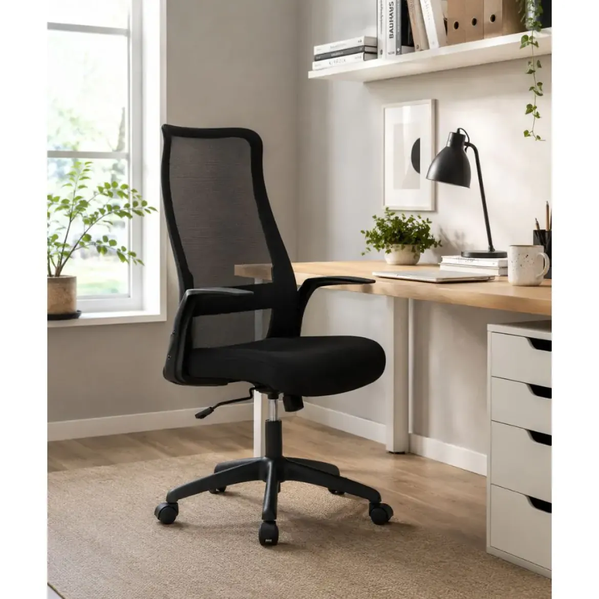 Silla de Oficina con Ruedas Tapizada en Tela y Rejilla Negra MAR