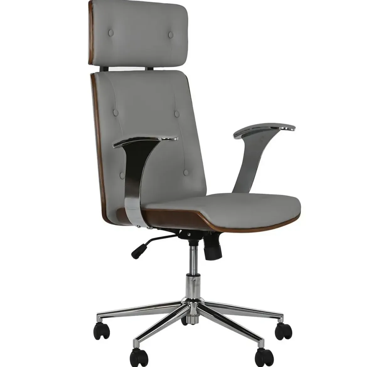 Silla de Oficina en Madera y PU Gris con Ruedas y Reposabrazos Metálicos de 108,5 cm MB-215932