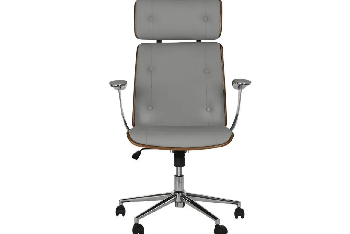 Silla de Oficina en Madera y PU Gris con Ruedas y Reposabrazos Metálicos de 108,5 cm MB-215932
