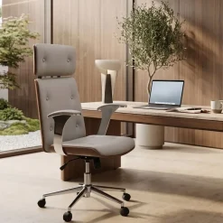 Silla de Oficina en Madera y PU Gris con Ruedas y Reposabrazos Metálicos de 108,5 cm MB-215932