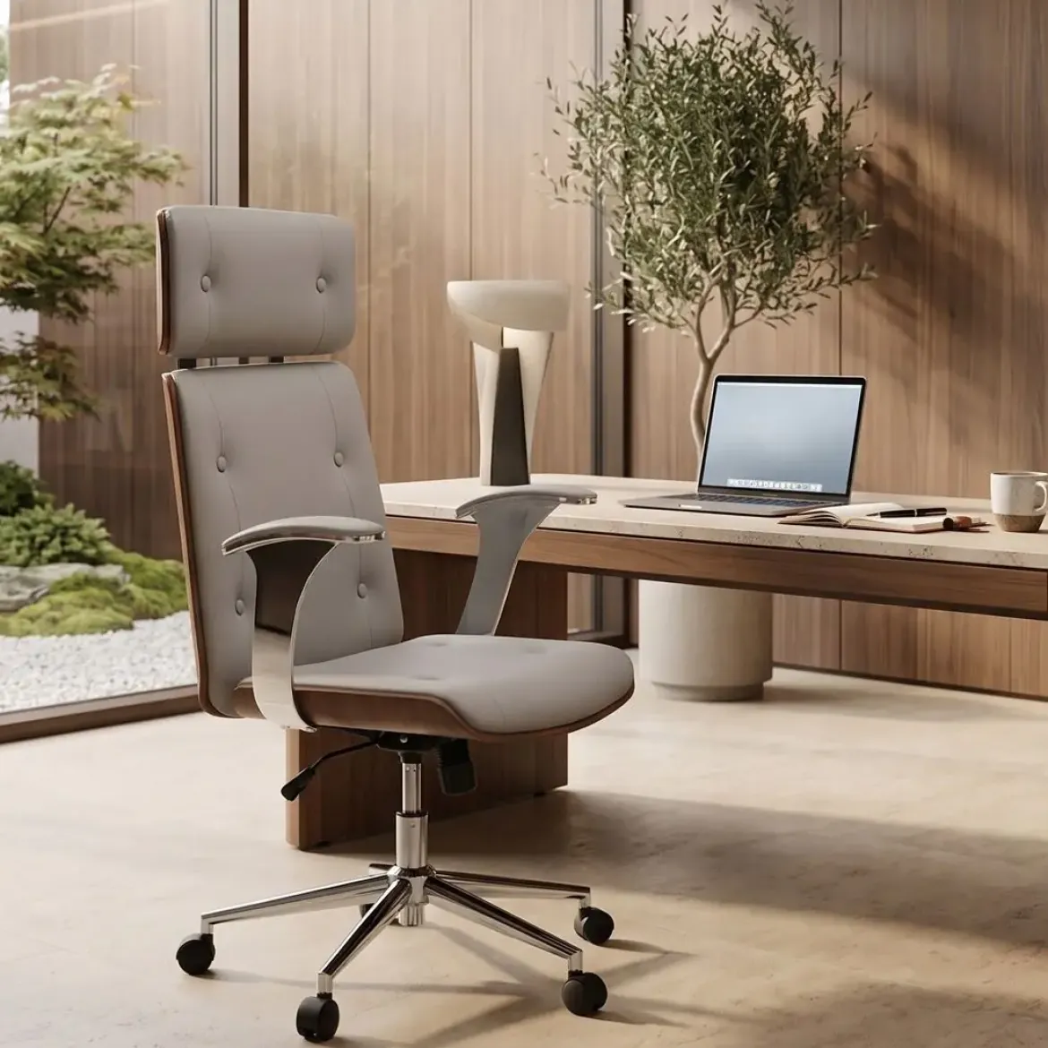 Silla de Oficina en Madera y PU Gris con Ruedas y Reposabrazos Metálicos de 108,5 cm MB-215932