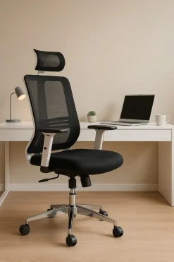 Silla de Oficina Ergonómica Tapizada en Rejilla Negra NEPTUNO