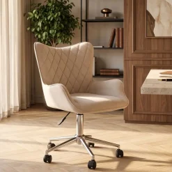 Silla de Oficina Tapizada en Poliéster Crema con Ruedas MB-208355