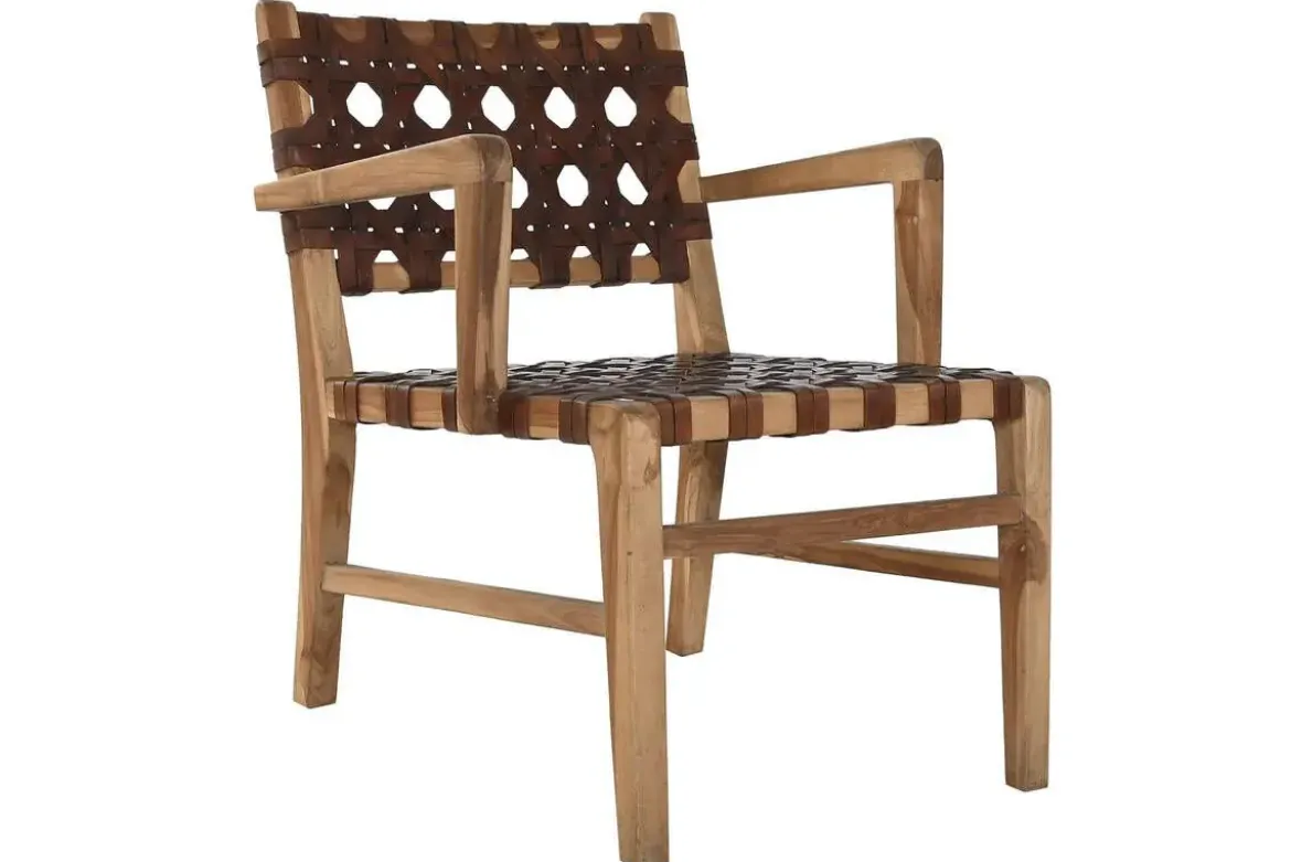 Silla de Teca y Piel Trenzada Marrón MB-220080