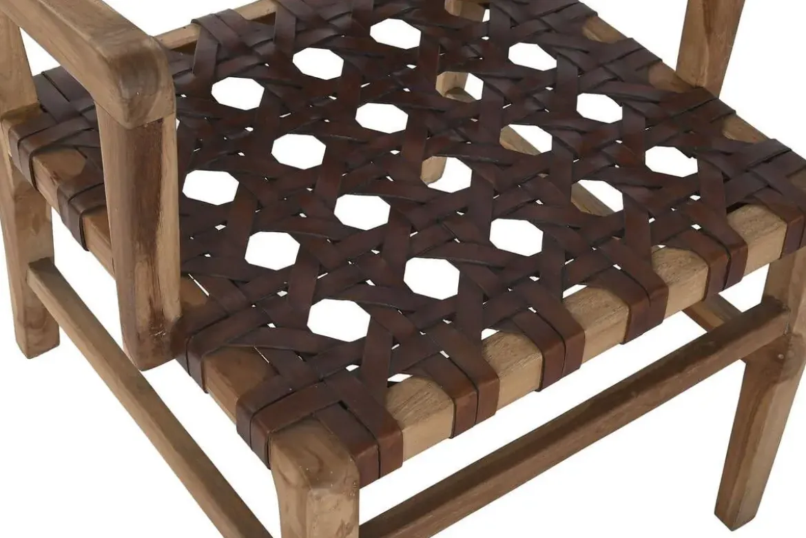 Silla de Teca y Piel Trenzada Marrón MB-220080