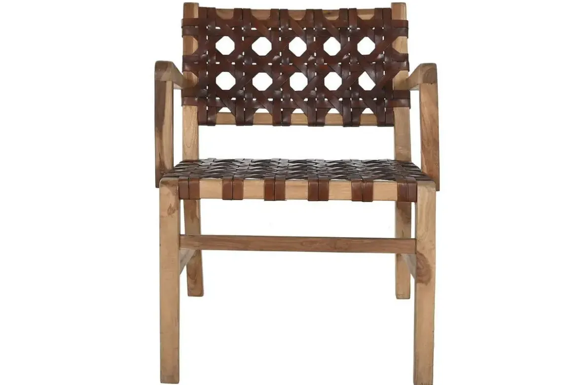 Silla de Teca y Piel Trenzada Marrón MB-220080