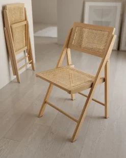 Silla Plegable con Asiento de Ratán y Estructura de Madera Natural BRUNA CG1928FR