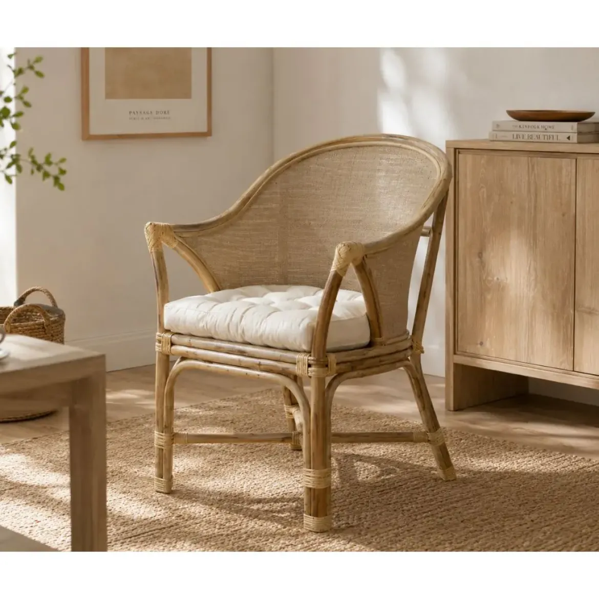 Sillón de Ratán Natural con Cojín de Algodón MB-207723