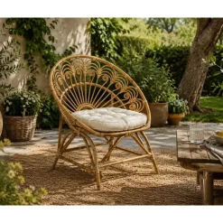 Sillón de Ratán Natural con Cojín de Algodón MB-207722