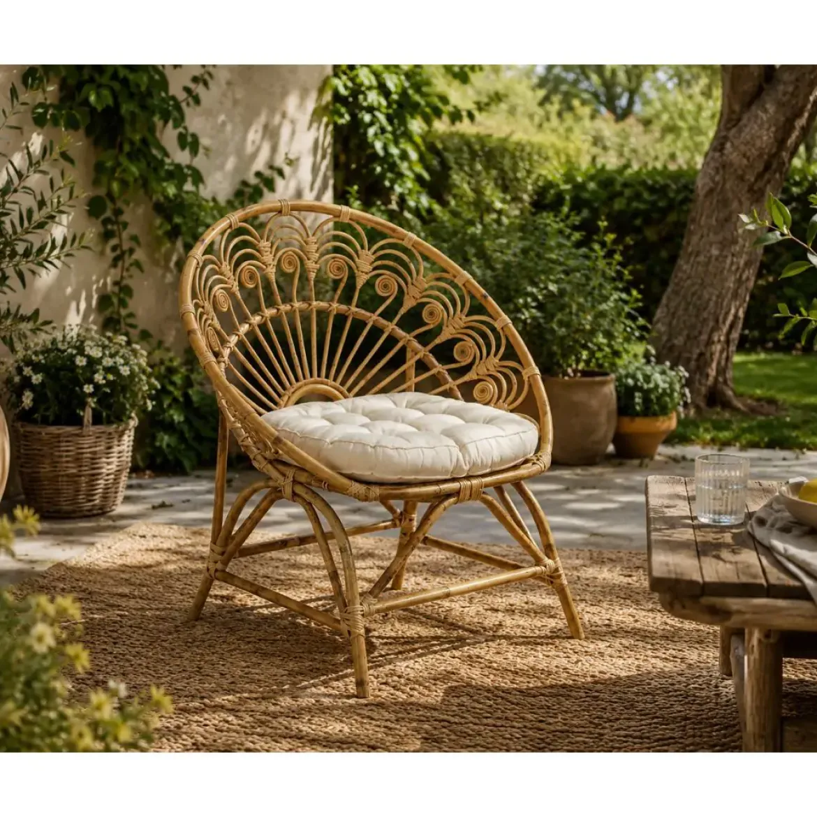 Sillón de Ratán Natural con Cojín de Algodón MB-207722