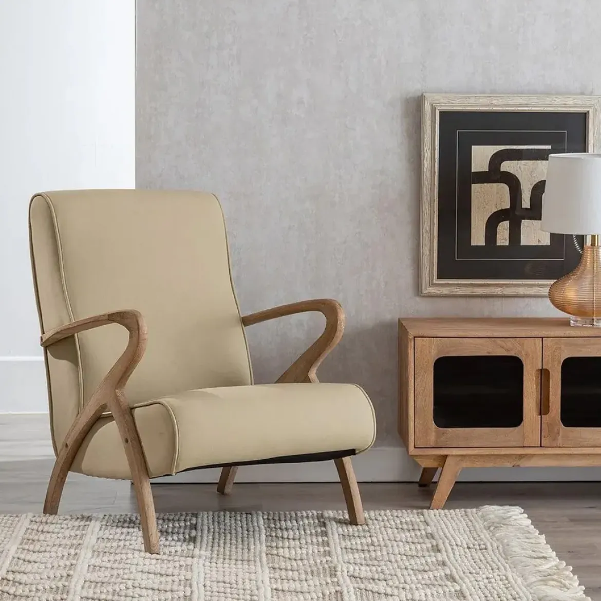 Sillón Natural con Estructura de Madera y Tapizado Beige 613836