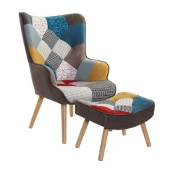 Sillón Orejero Patchwork Multicolor con Reposapiés MB-206260