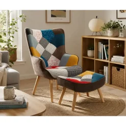 Sillón Orejero Patchwork Multicolor con Reposapiés MB-206260