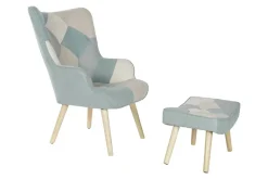 Sillón Orejero Tapizado Multicolor con Reposapiés Madera Hevea MB-207731