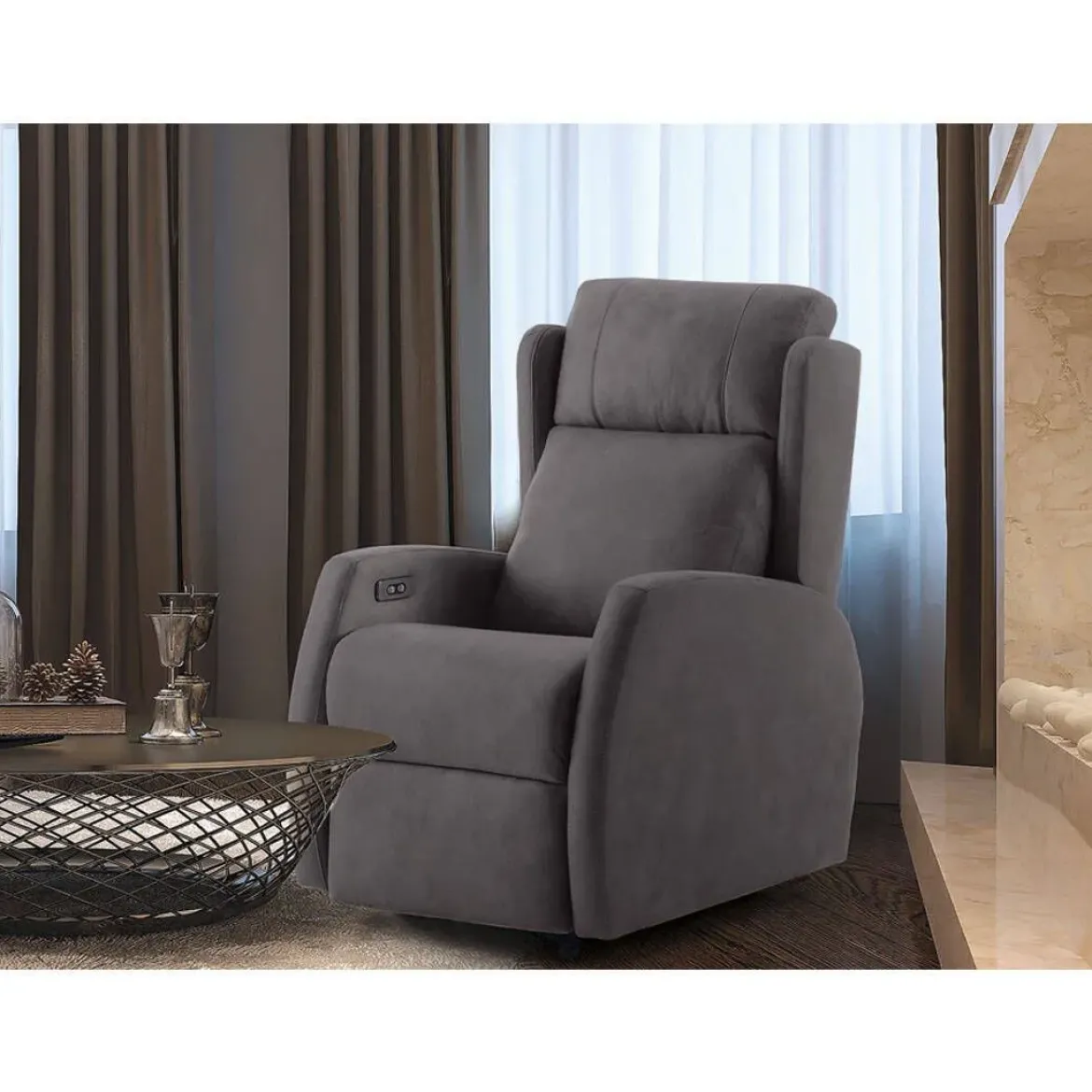 Sillón relax elevador modelo RIVER con ruedas tapizado en tela gris