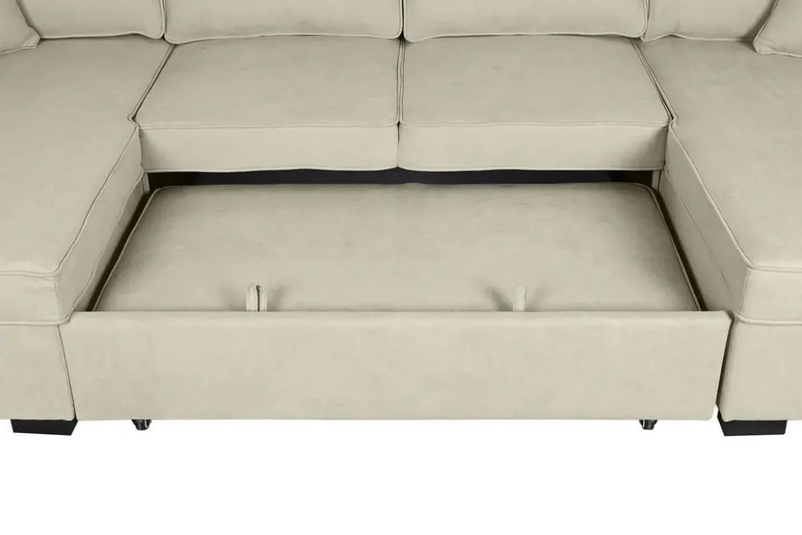 Sofá Cama Chaiselongue en Poliéster Arena con Estructura de Madera MB-218994
