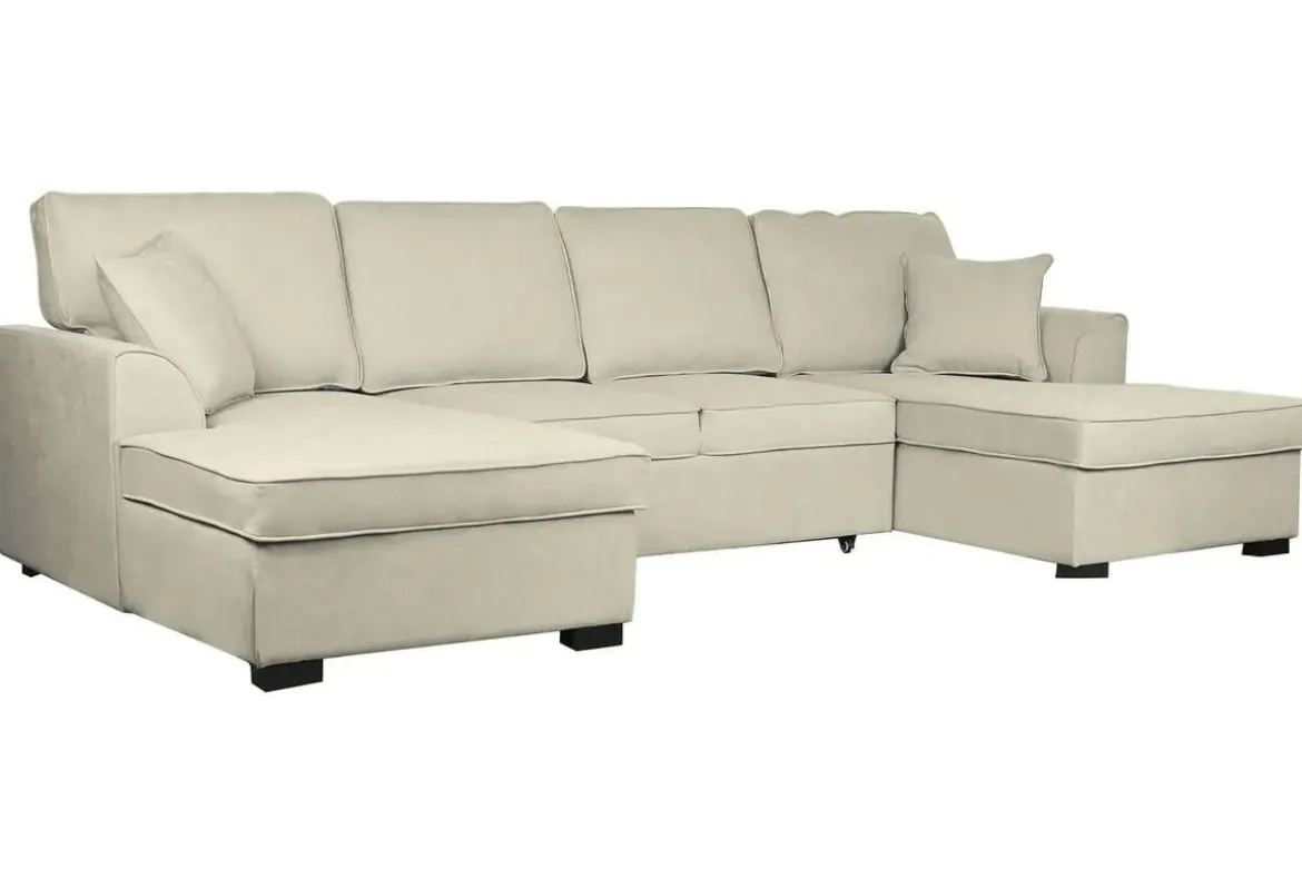 Sofá Cama Chaiselongue en Poliéster Arena con Estructura de Madera MB-218994