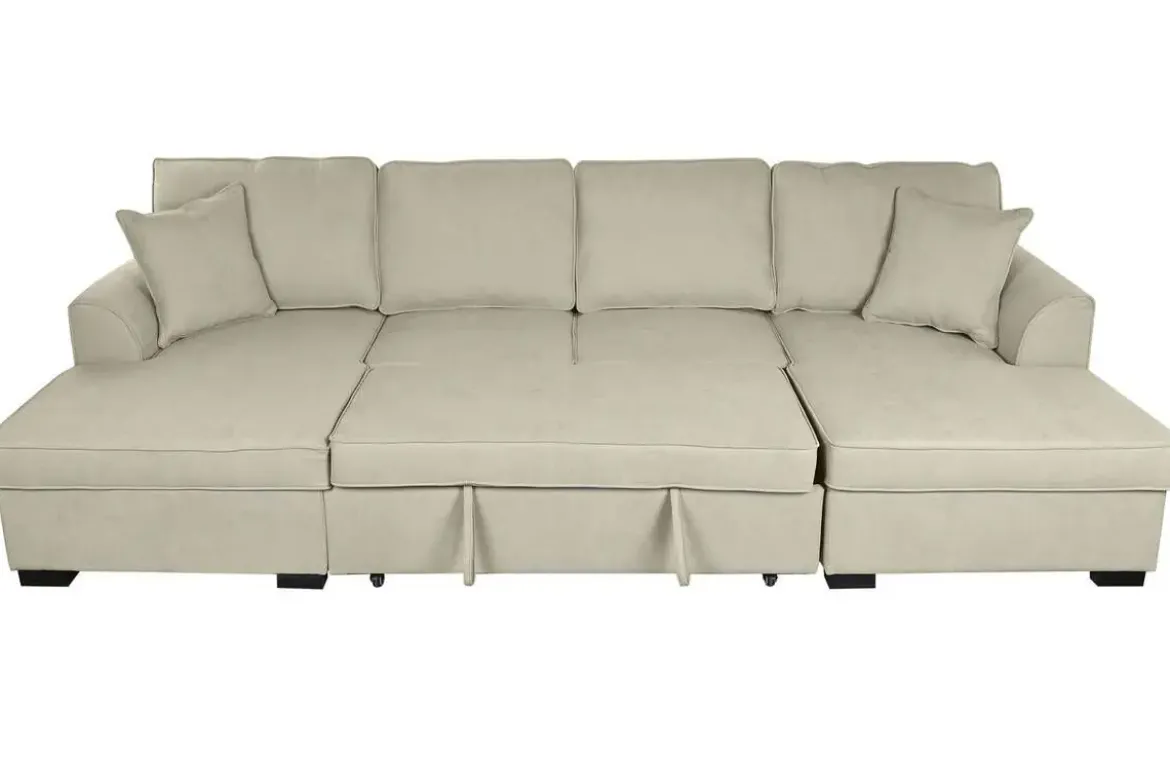 Sofá Cama Chaiselongue en Poliéster Arena con Estructura de Madera MB-218994