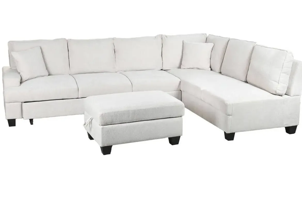 Sofá Cama Rinconera 285 cm en Poliéster Beige con Puff y Arcón MB-219482