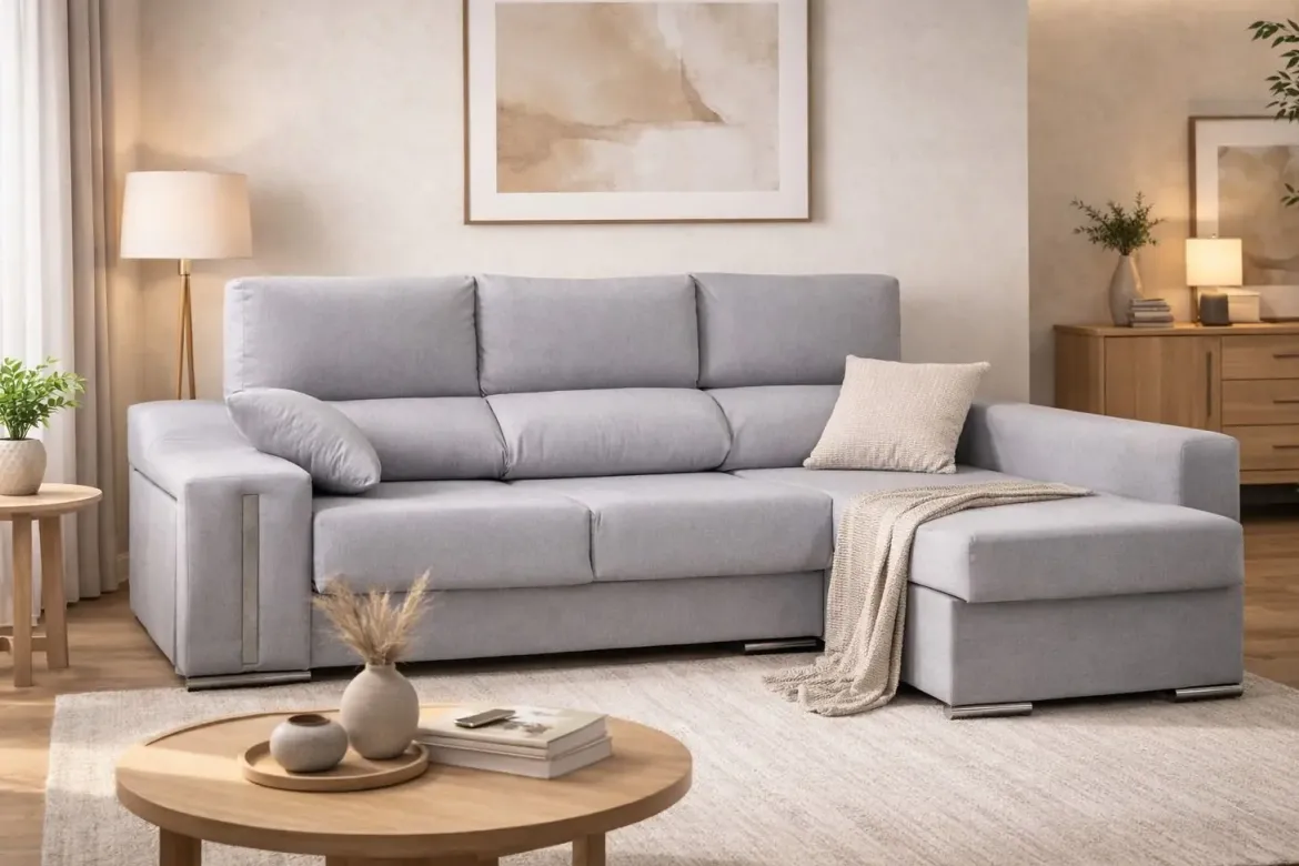 Sofá Chaise Longue con Arcón Derecha y 2 Puff SALOMON
