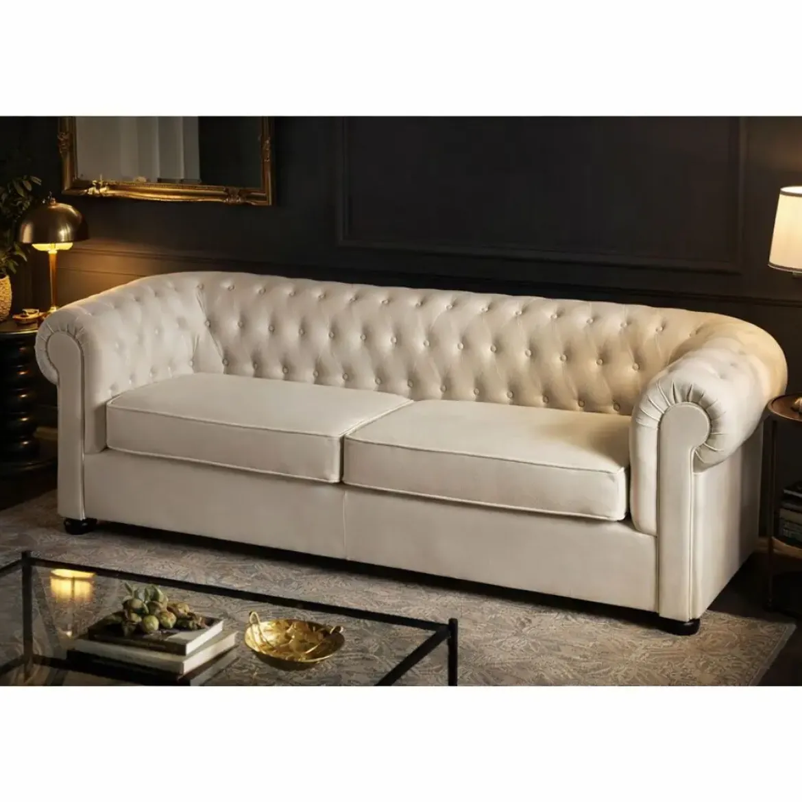 Sofá Chester 3 plazas de Terciopelo Capitoné Color Beige 29-23