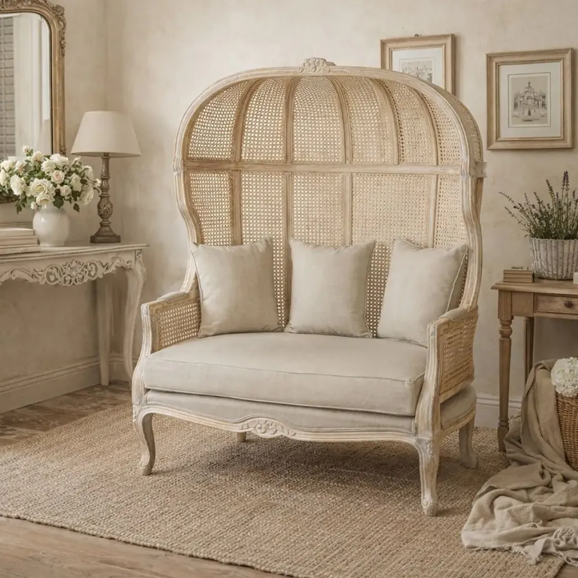 Sofá de Madera Enea y Fibra Natural con Asiento Tapizado MB-208798