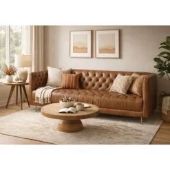 Sofá de Piel Capitoné con Patas de Acero Cognac MB-216492