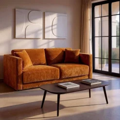 Sofá 3 Plazas Ocre Tejido en Poliéster con Patas de Madera 210 cm 615449