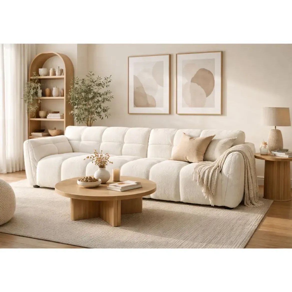 Sofá Tapizado en Bouclé Blanco con Estructura de Madera MB-211724