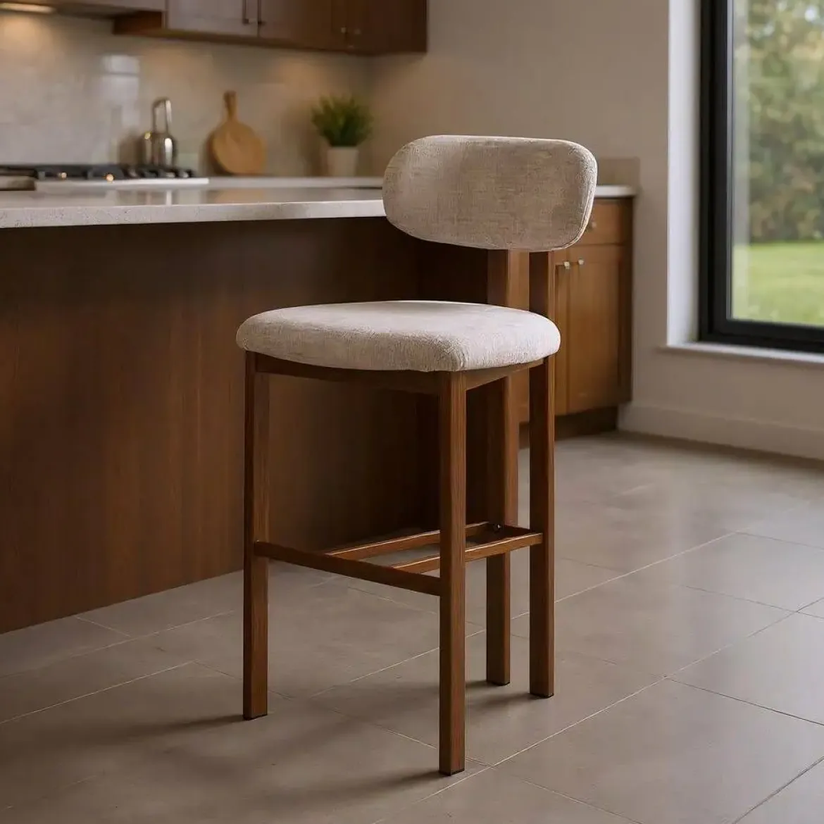Taburete Alto de Cocina Beige con Base Madera 614632