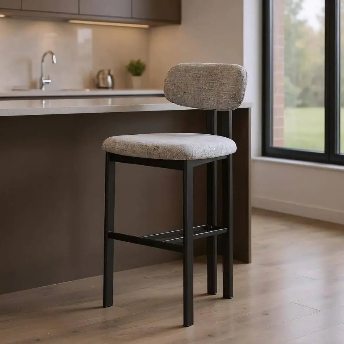 Taburete Alto de Cocina Gris con Base Madera 614634