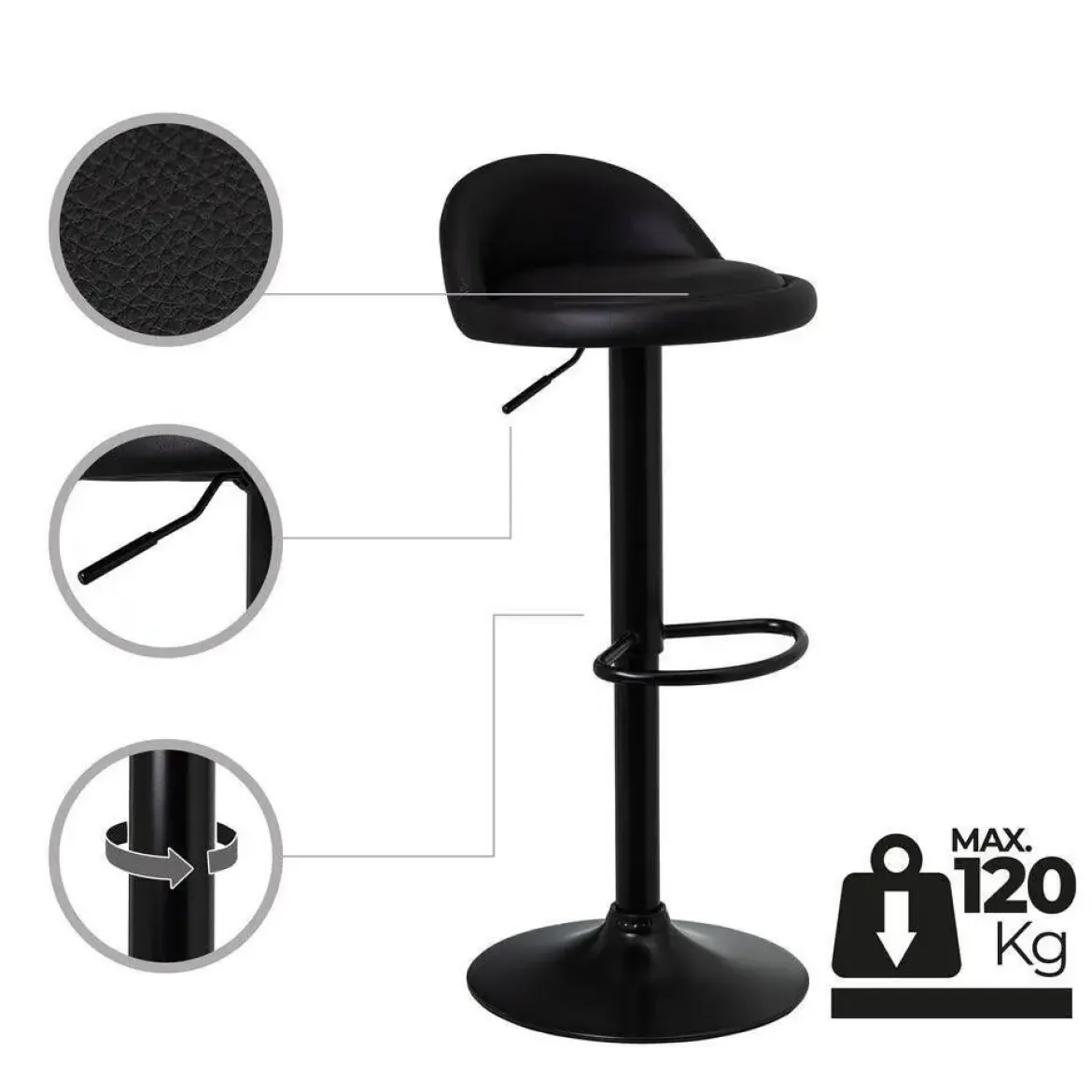 Taburete Alto Regulable de Cuero Sintético Negro 805401