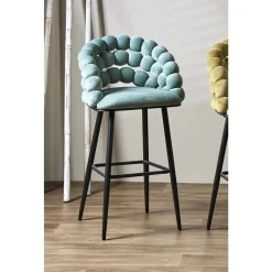 Taburete de Bar con Respaldo NIMPHA Color Azul de Terciopelo con Patas de Metal Negras 30-157