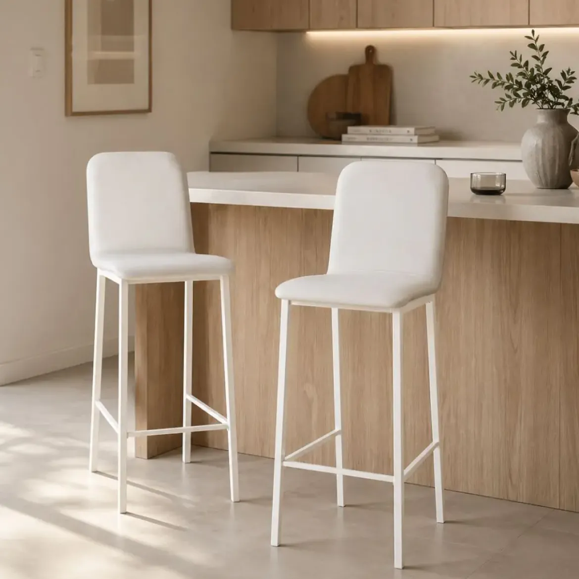 Taburete de Cocina de Metal Blanco con Asiento Tapizado TEBA