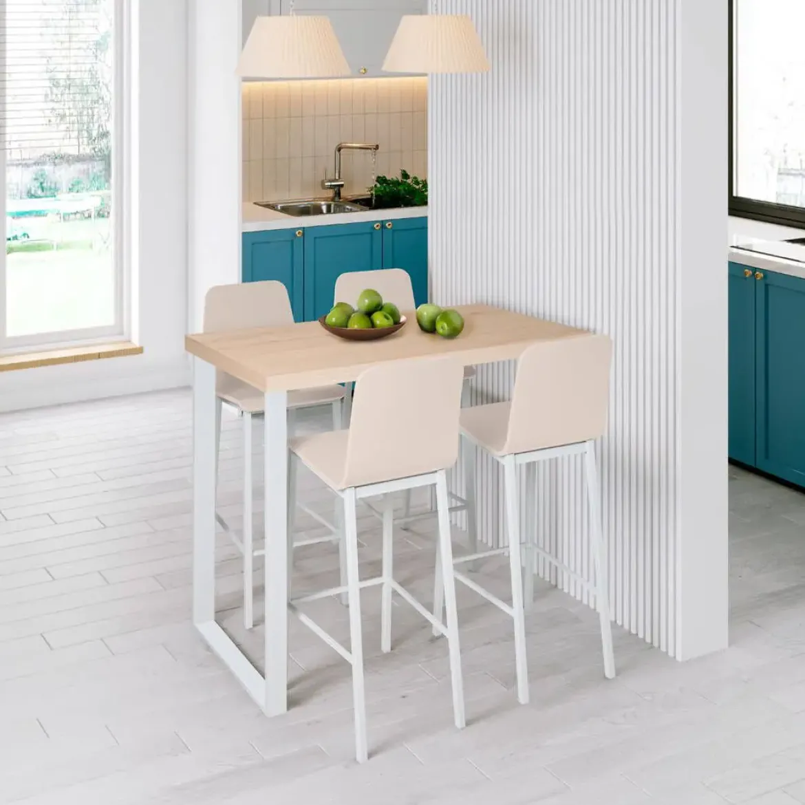 Taburete de Cocina de Metal en Blanco con Asiento de Madera TEBA